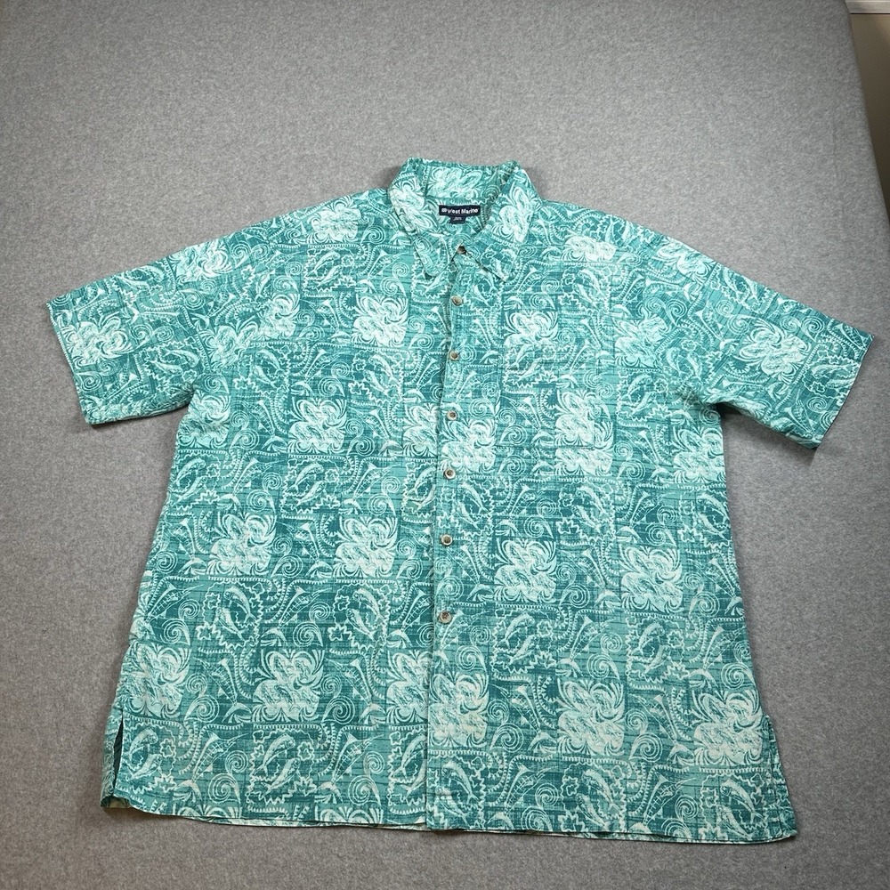 West Marine Hawaiian Shirt Mens XL‎ Teal Floral Paisley Button Up NOTE